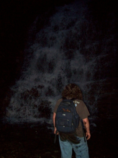 Tyler in front of Josiah Falls (middle Devil's Fork Falls) at dark