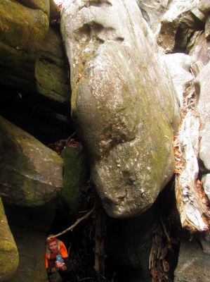 The Badger down below the fish rock at the base of the falls , lowest point within the slot canyon 
