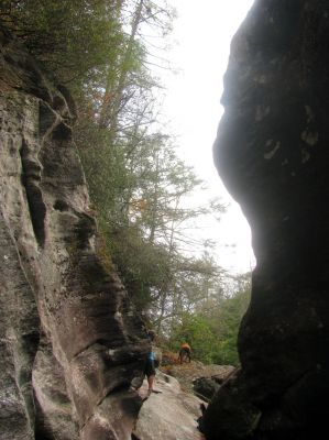 I can see Tyler and Badger making their way up out of the slot canyon and heading towards granny`s Kitchen upstream 

