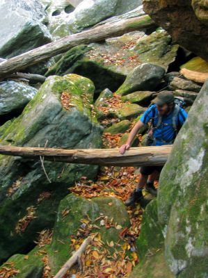 Tyler having fun watching all of us squeeze thru the small crack 
