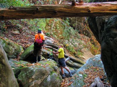 A much needed rest break at the top of the crack we just climbed up through 
