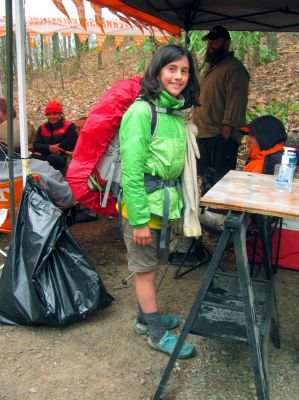 The coolest hiker ever with her pack on. 
