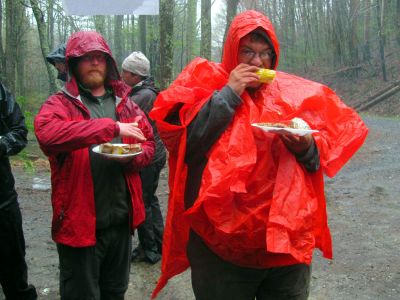 Eating in line,, smart hikers 
