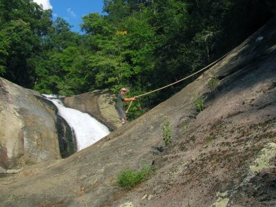 Bol'Dar climbing up the rope at Harper Falls
