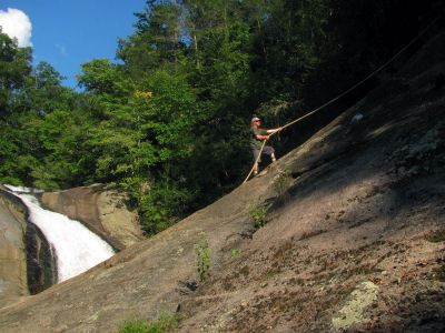 Bol'Dar climbing up the rope at Harper Falls
