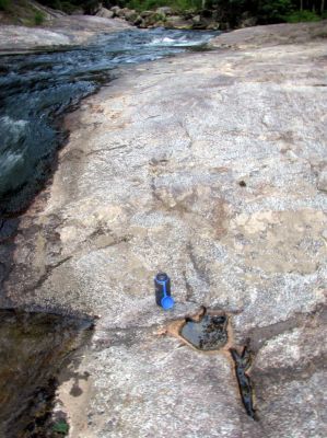 Hairntasaurus tracks found in the rock beside the cascades behind our campsite below Harper Falls
