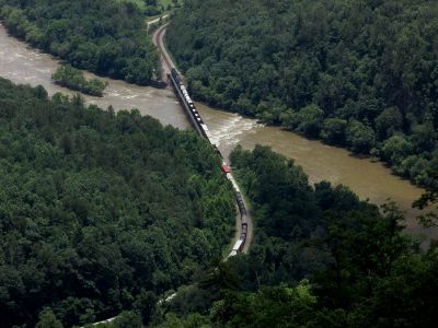 Taken 6-14-2018   Train and French Broad River as seen from near the summit of Paint Mountain 
