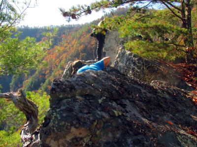 Tyler working on rigging some ropes above 'the crack' 
