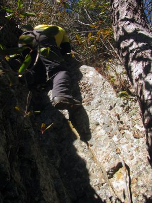 John climbing back up to the rope landing point 
