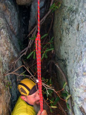Once on top of the pine tree root there is still much vertical to go but its much easier since there are places to get a toe in where below it there is nothing. 
