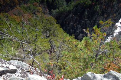 View from the top of the Rhino Cliffs of John down below. John is just below the Fornication Point and not yet down to the Diamond Rock point. (Photo by Larry Jarret) 

