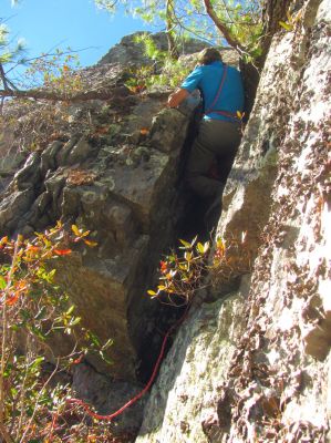 Once you get below the pine root its all air and verticality without any toe holds or hand holds , it`s all rope at that point ! 
