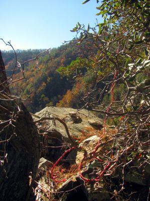 The landing point below the crack. As you can see there is not much rope leftover and it was about a 60 foot long piece. 
