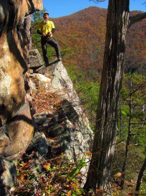 John back at the point as seen from my puckering perch on the ledge 
