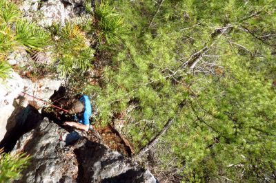 Tyler on his first descent of  the crack using the rope and harness he rigged up (Taken with my larger camera) 
