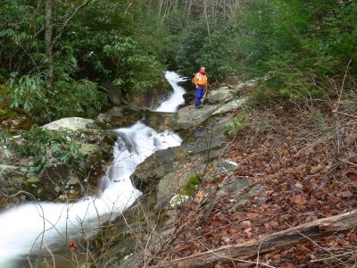 Series of Cascades on Devils Creek
Bol'Dar standing beside the falls (Photo by Dave Aldridge) 12-10-2011
