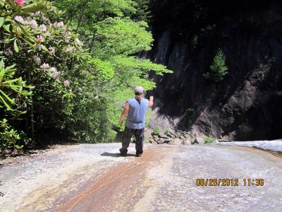 RAT standing about as far down as you can go at the top of the lower half of the South Harper Creek Falls - Taken 6-26-2012 (Photo By Dave Aldridge)
